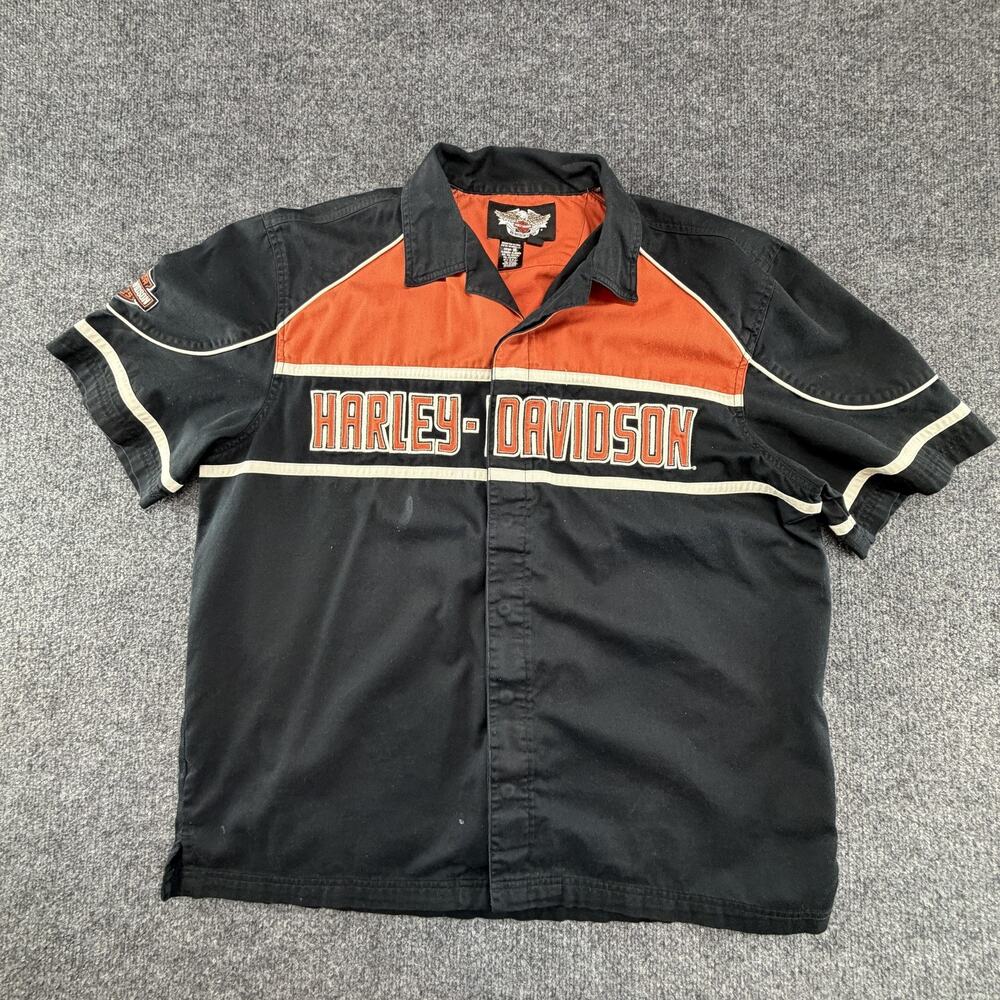 Harley Davidson Shirt Mens XL Black Orange Short Sleeve Embroidered Button Up
